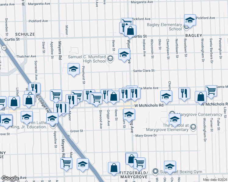 map of restaurants, bars, coffee shops, grocery stores, and more near 17211 Ilene St in Detroit