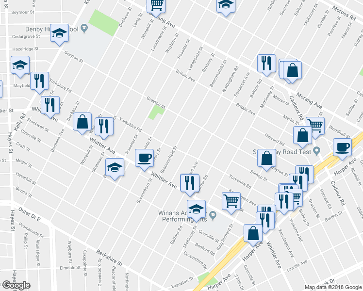 map of restaurants, bars, coffee shops, grocery stores, and more near 10720 Beaconsfield Street in Detroit