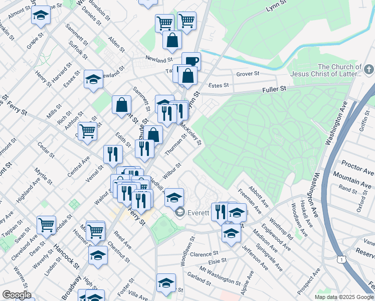 map of restaurants, bars, coffee shops, grocery stores, and more near 40 Glendale Avenue in Everett