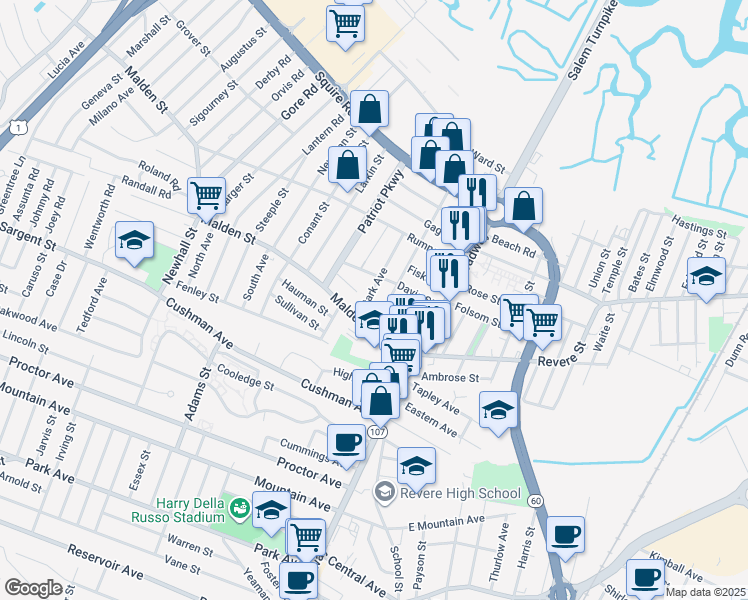 map of restaurants, bars, coffee shops, grocery stores, and more near 27 Stark Ave in Revere