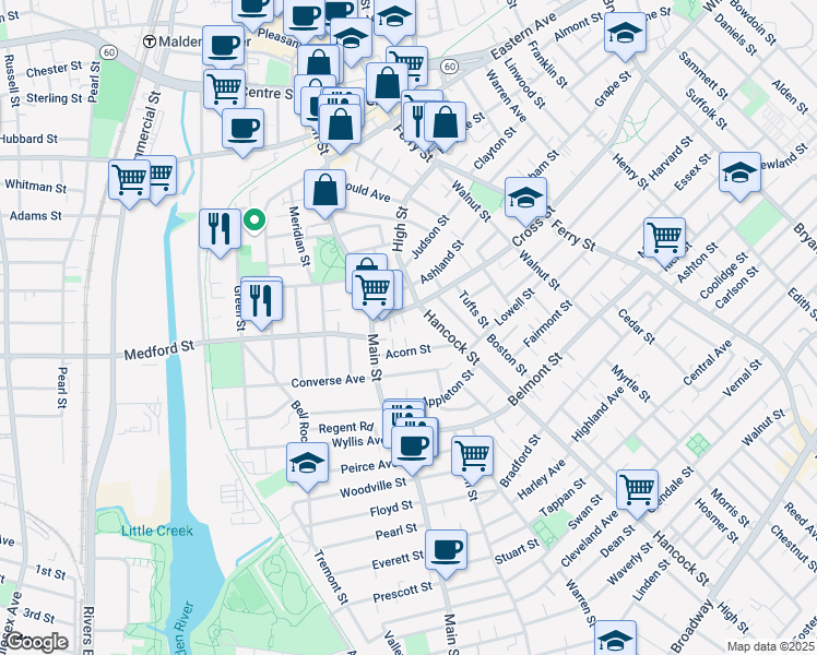 map of restaurants, bars, coffee shops, grocery stores, and more near 25 Narrow Court in Malden