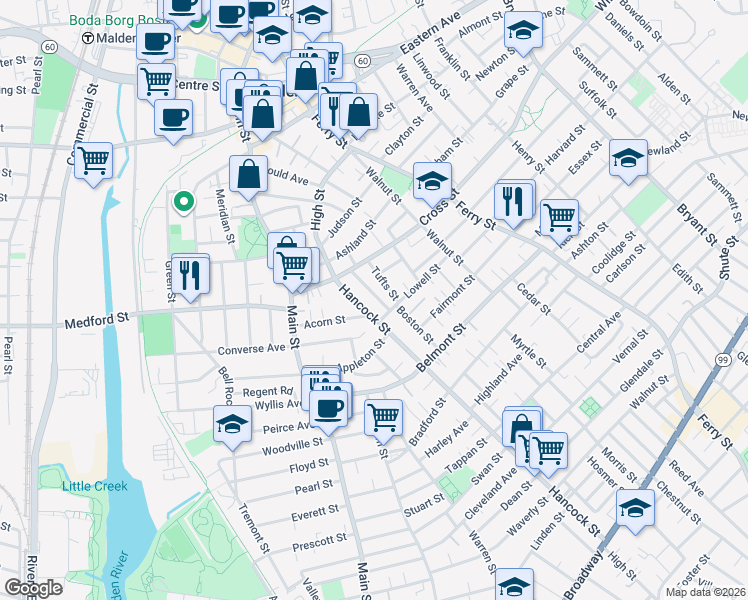 map of restaurants, bars, coffee shops, grocery stores, and more near 30 Hancock Street in Malden