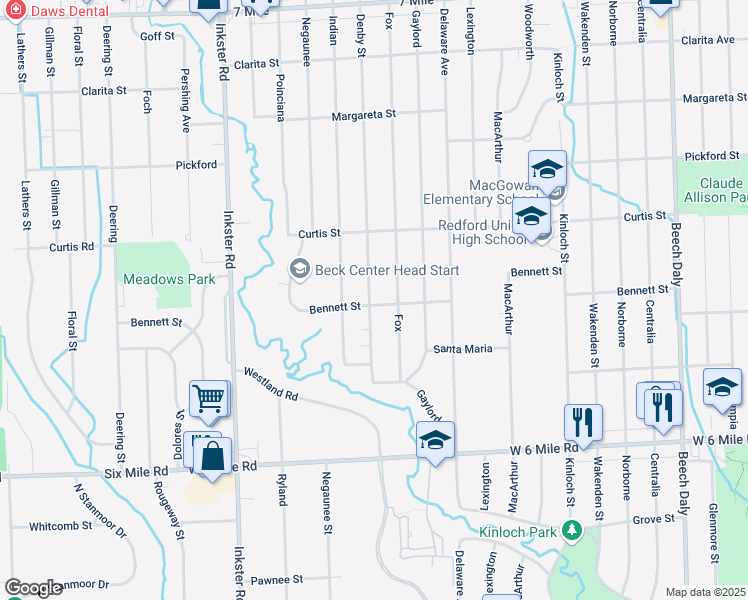 map of restaurants, bars, coffee shops, grocery stores, and more near 17601 Denby in Redford Charter Township
