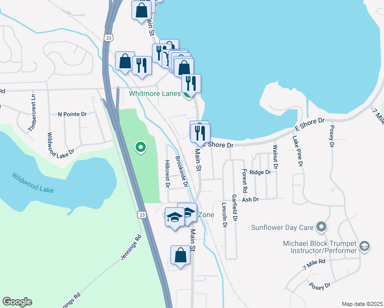 map of restaurants, bars, coffee shops, grocery stores, and more near 9215 Main Street in Whitmore Lake
