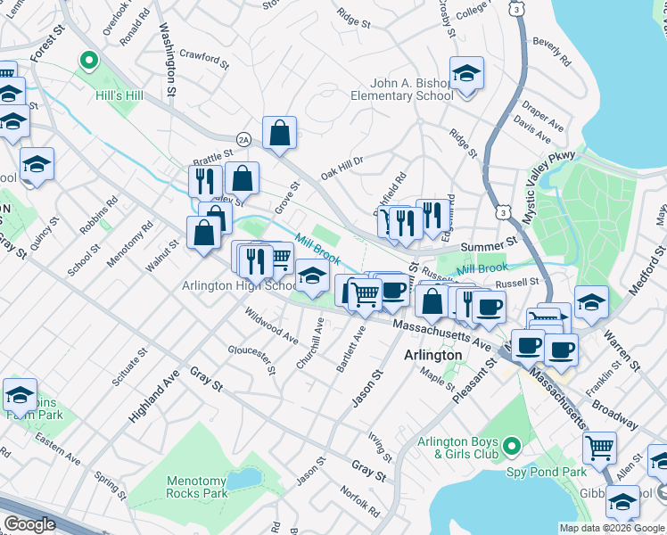 map of restaurants, bars, coffee shops, grocery stores, and more near 869 Massachusetts Avenue in Arlington