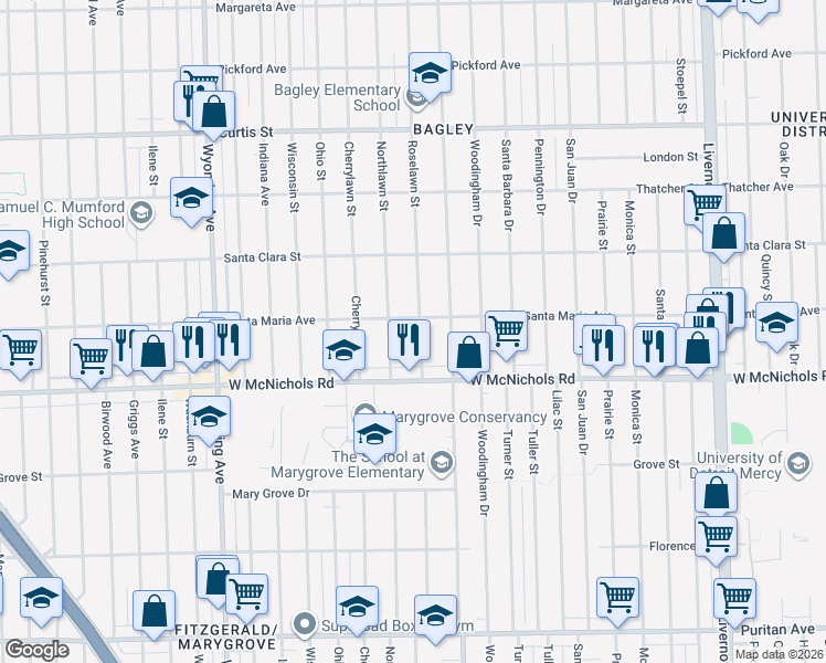 map of restaurants, bars, coffee shops, grocery stores, and more near 17193 Roselawn Street in Detroit