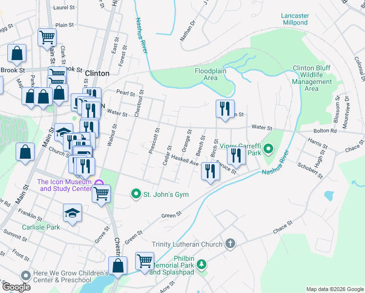 map of restaurants, bars, coffee shops, grocery stores, and more near 88 Orange Street in Clinton
