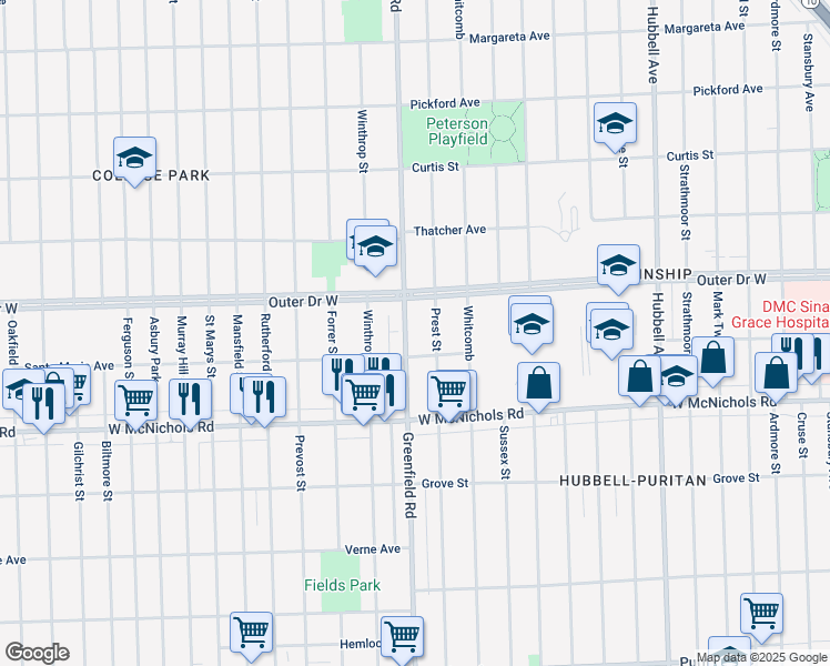 map of restaurants, bars, coffee shops, grocery stores, and more near 17346 Greenfield Road in Detroit