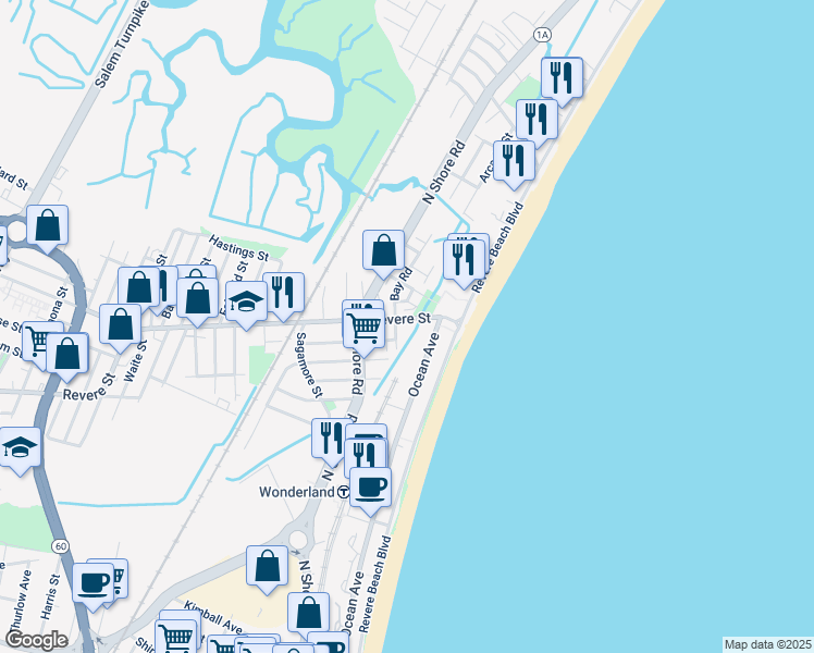 map of restaurants, bars, coffee shops, grocery stores, and more near in Revere