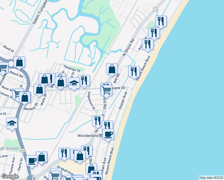 map of restaurants, bars, coffee shops, grocery stores, and more near in Revere