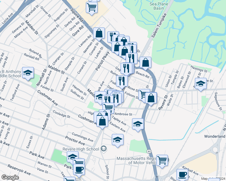 map of restaurants, bars, coffee shops, grocery stores, and more near 42 Davis Street in Revere