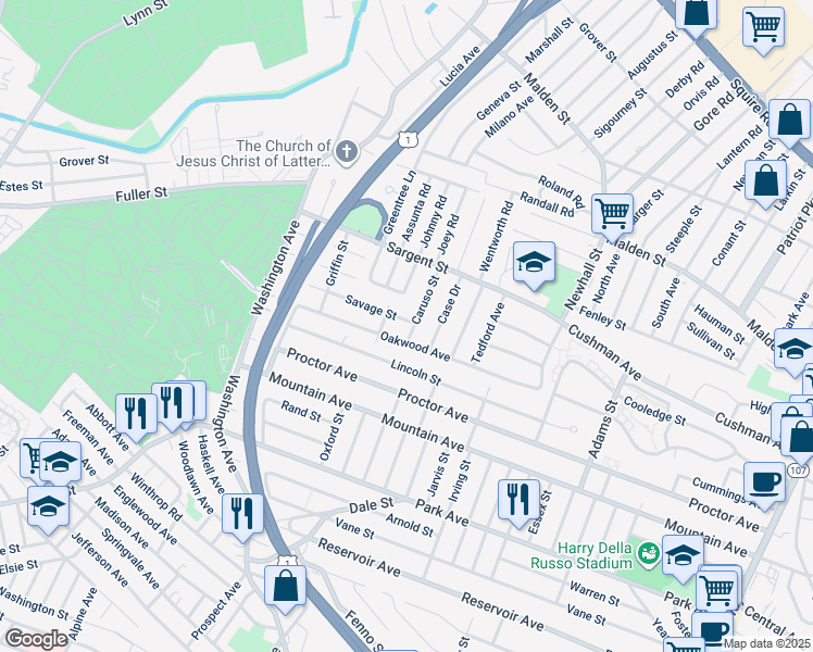 map of restaurants, bars, coffee shops, grocery stores, and more near 73 Caruso Street in Revere