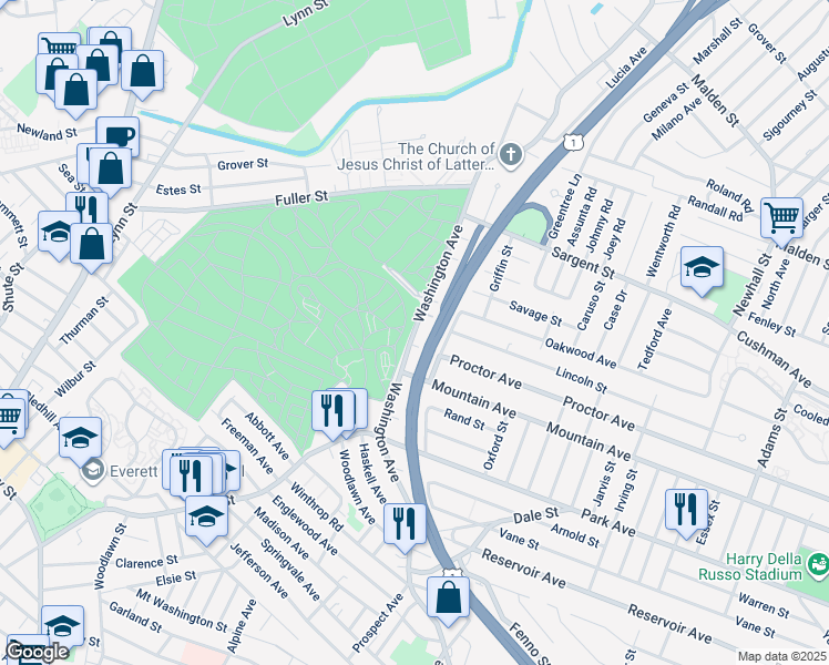map of restaurants, bars, coffee shops, grocery stores, and more near 233 Washington Avenue in Revere