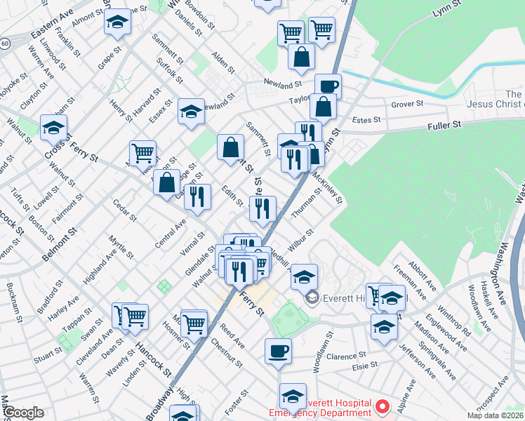 map of restaurants, bars, coffee shops, grocery stores, and more near 12 Kenwood Road in Everett