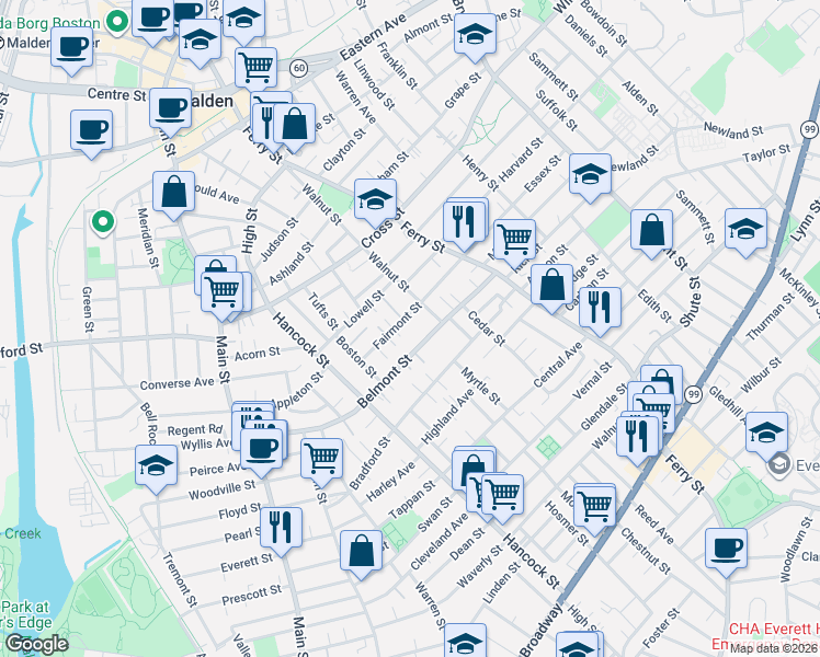 map of restaurants, bars, coffee shops, grocery stores, and more near 45 Fairmont Street in Malden