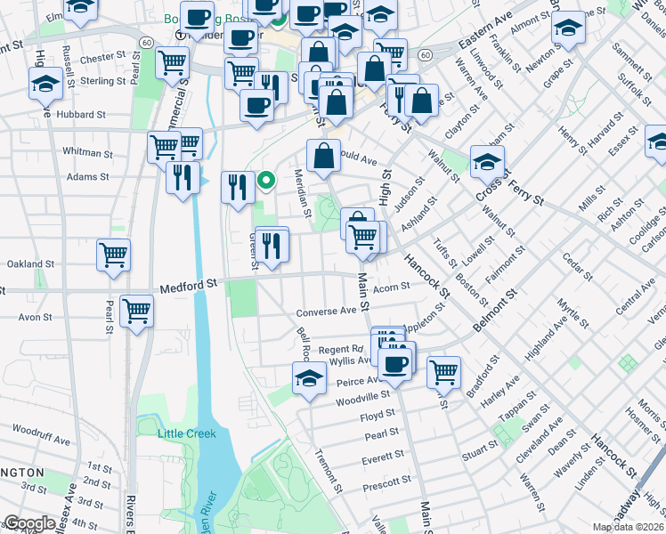 map of restaurants, bars, coffee shops, grocery stores, and more near 29-31 Medford Street in Malden