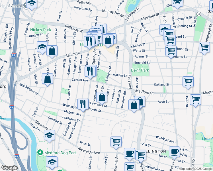 map of restaurants, bars, coffee shops, grocery stores, and more near 171 Central Avenue in Medford