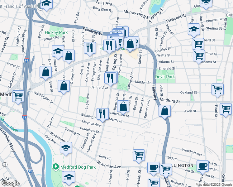 map of restaurants, bars, coffee shops, grocery stores, and more near 63 Burnside Street in Medford
