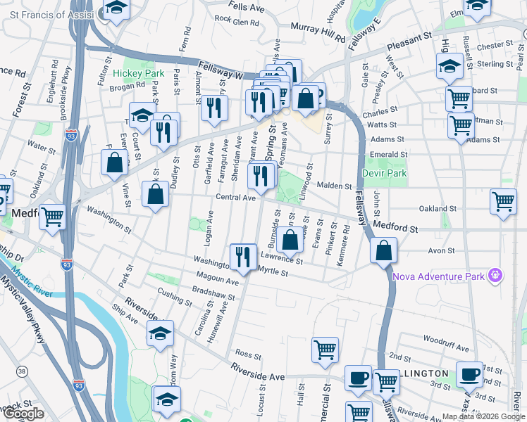 map of restaurants, bars, coffee shops, grocery stores, and more near 160 Spring Street in Medford