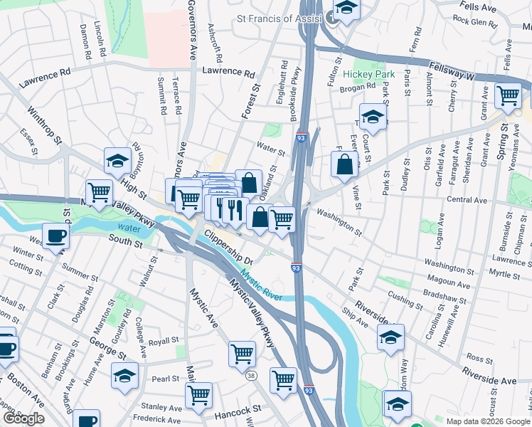 map of restaurants, bars, coffee shops, grocery stores, and more near in Medford