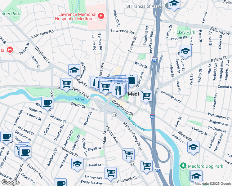 map of restaurants, bars, coffee shops, grocery stores, and more near in Medford