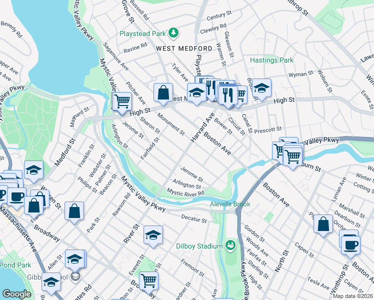 map of restaurants, bars, coffee shops, grocery stores, and more near 90 Sharon Street in Medford