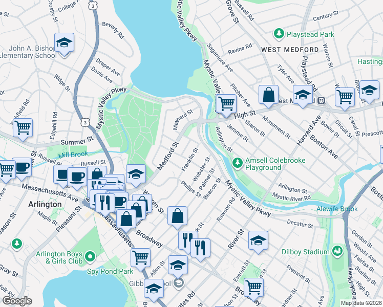 map of restaurants, bars, coffee shops, grocery stores, and more near 173 Franklin Street in Arlington