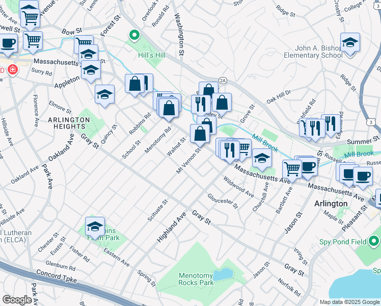 map of restaurants, bars, coffee shops, grocery stores, and more near 13 Walnut Court in Arlington