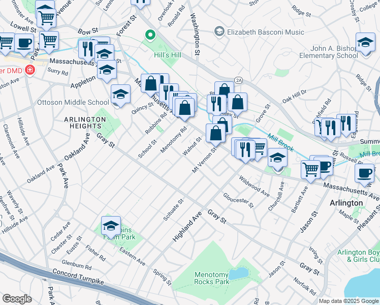 map of restaurants, bars, coffee shops, grocery stores, and more near 13 Walnut Court in Arlington