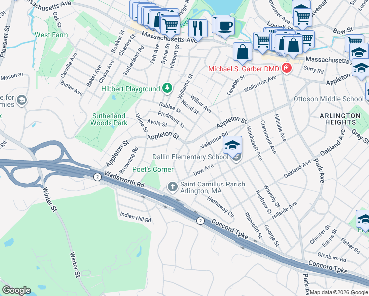 map of restaurants, bars, coffee shops, grocery stores, and more near 6 Virginia Road in Arlington