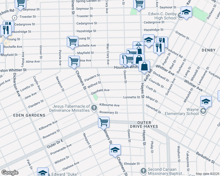 map of restaurants, bars, coffee shops, grocery stores, and more near 14759 Glenfield Avenue in Detroit