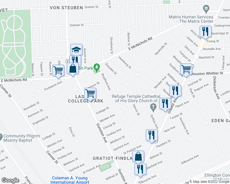 map of restaurants, bars, coffee shops, grocery stores, and more near 12001 Nashville Street in Detroit