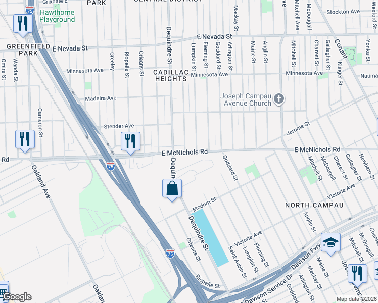 map of restaurants, bars, coffee shops, grocery stores, and more near 2043 East McNichols Road in Detroit
