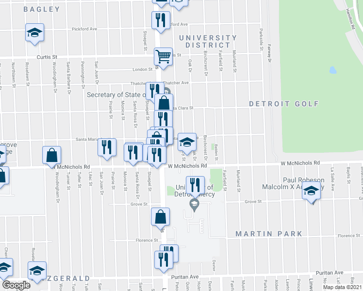 map of restaurants, bars, coffee shops, grocery stores, and more near 17185 Quincy Street in Detroit