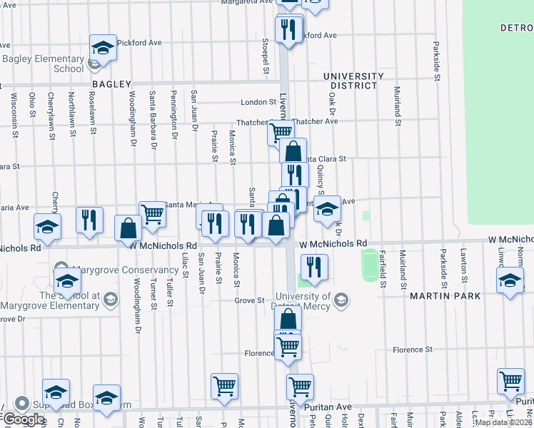 map of restaurants, bars, coffee shops, grocery stores, and more near 17197 Stoepel Street in Detroit