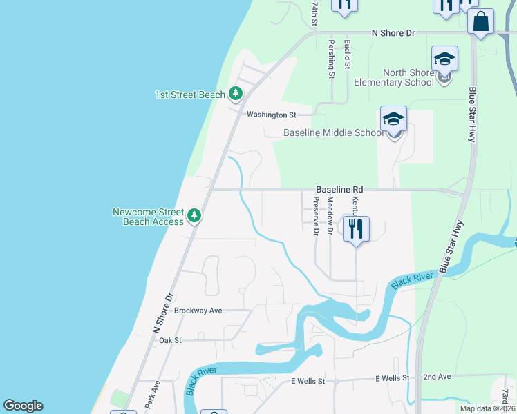 map of restaurants, bars, coffee shops, grocery stores, and more near 230 Baseline Road in South Haven