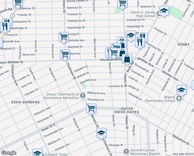 map of restaurants, bars, coffee shops, grocery stores, and more near 14759 Glenfield Avenue in Detroit
