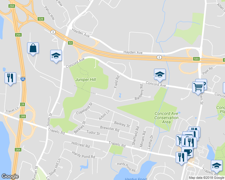 map of restaurants, bars, coffee shops, grocery stores, and more near 11 Field Road in Lexington