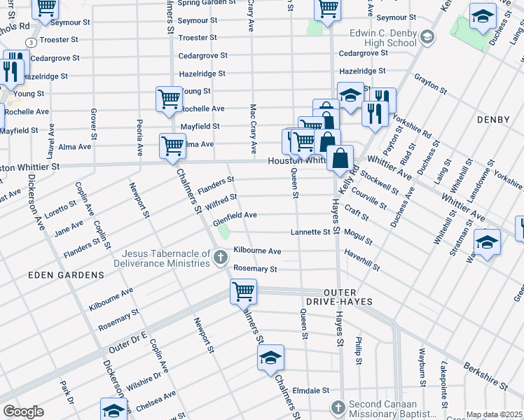 map of restaurants, bars, coffee shops, grocery stores, and more near 14759 Glenfield Avenue in Detroit