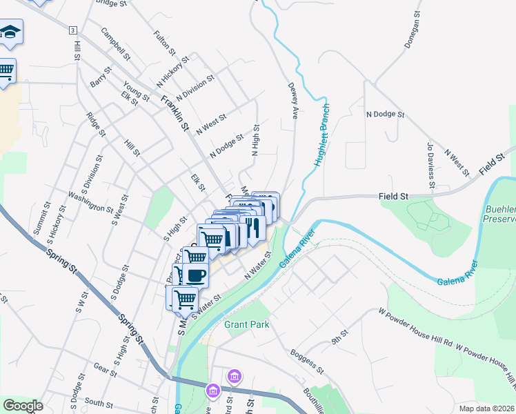 map of restaurants, bars, coffee shops, grocery stores, and more near 330 North Bench Street in Galena