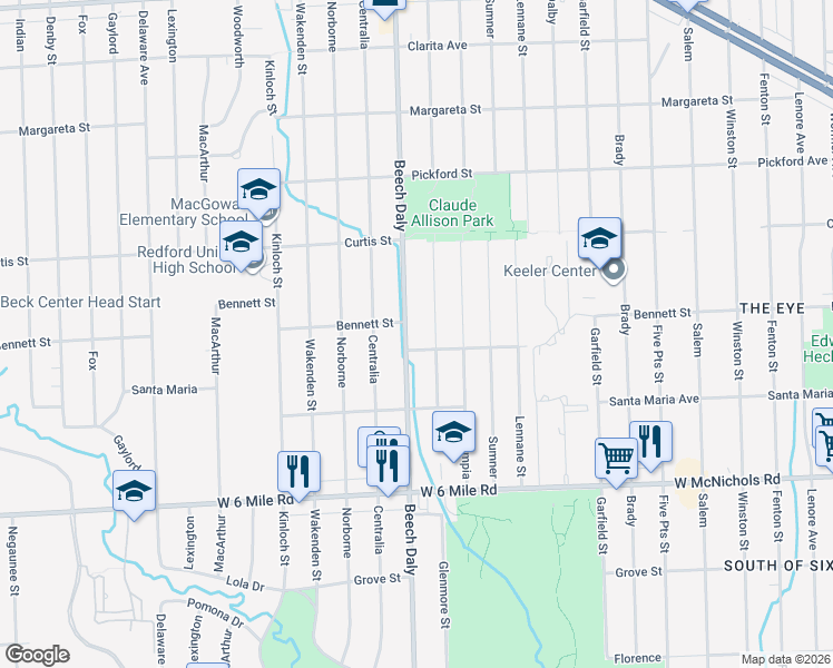 map of restaurants, bars, coffee shops, grocery stores, and more near 17444 Beech Daly in Redford Charter Township