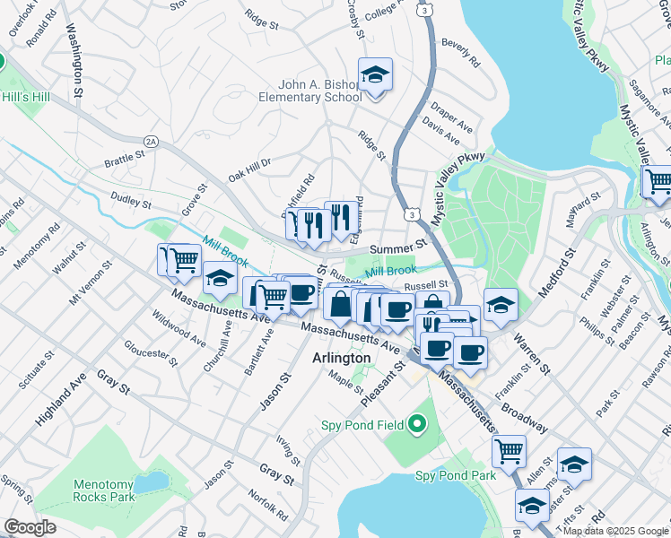 map of restaurants, bars, coffee shops, grocery stores, and more near 82 Summer Street in Arlington