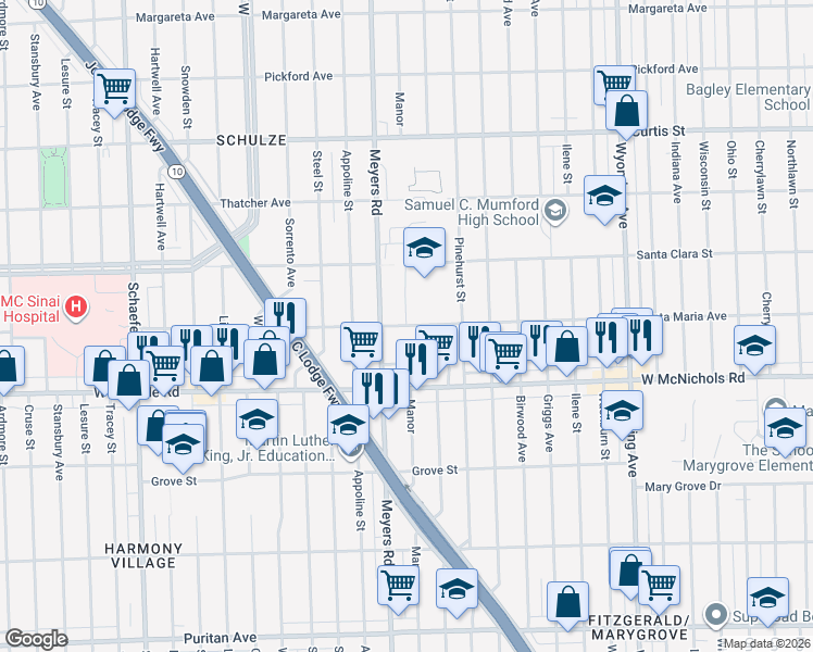 map of restaurants, bars, coffee shops, grocery stores, and more near 10801 Santa Maria Avenue in Detroit