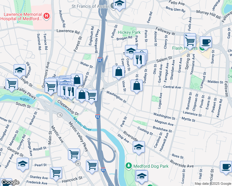 map of restaurants, bars, coffee shops, grocery stores, and more near 6r Franklin Street in Medford