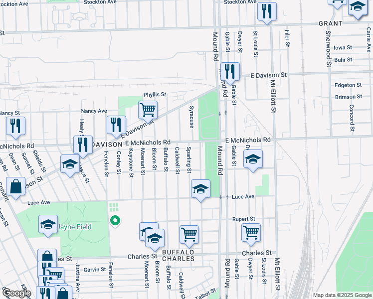 map of restaurants, bars, coffee shops, grocery stores, and more near 13795 Sparling Street in Hamtramck