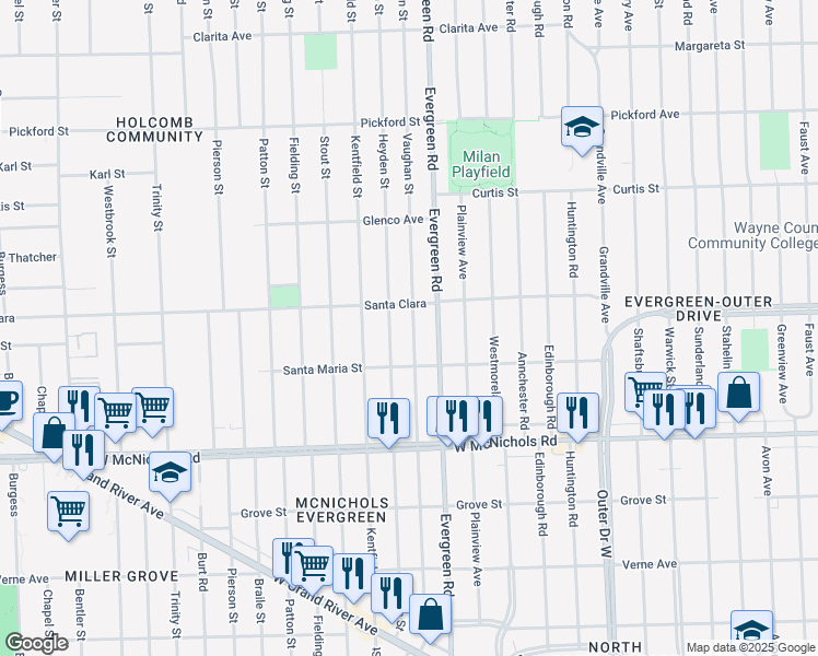 map of restaurants, bars, coffee shops, grocery stores, and more near 17575 Vaughan Street in Detroit