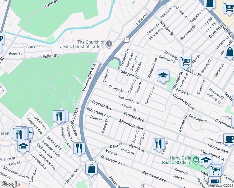 map of restaurants, bars, coffee shops, grocery stores, and more near 120 Oakwood Avenue in Revere
