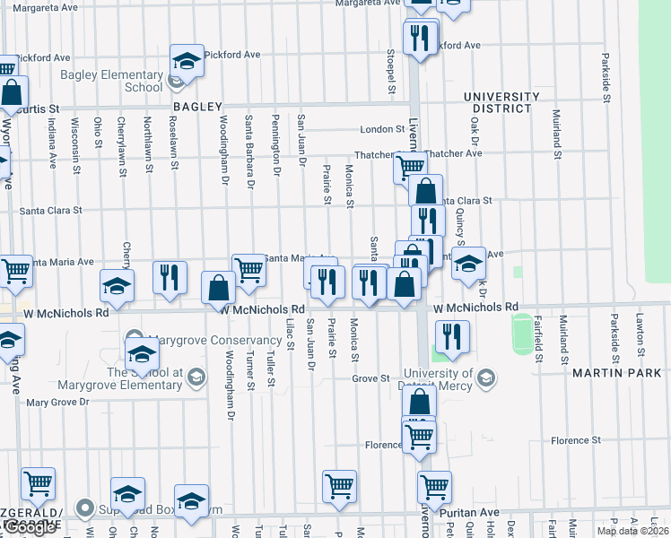 map of restaurants, bars, coffee shops, grocery stores, and more near 17196 Prairie Street in Detroit