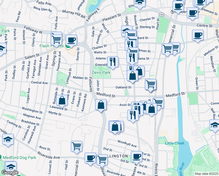 map of restaurants, bars, coffee shops, grocery stores, and more near 142 Oakland Street in Malden