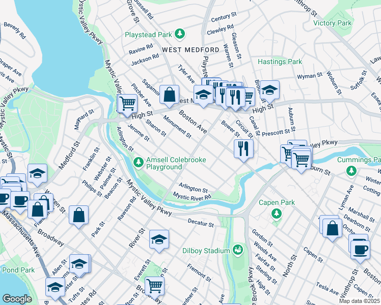 map of restaurants, bars, coffee shops, grocery stores, and more near 90 Sharon Street in Medford